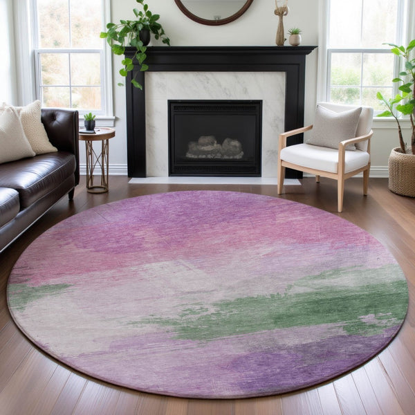 HomeRoots 8' X 8' Washable Lilac Green & Pink Abstract Round Rug with UV Protection - Kid & Pet Friendly! 694173