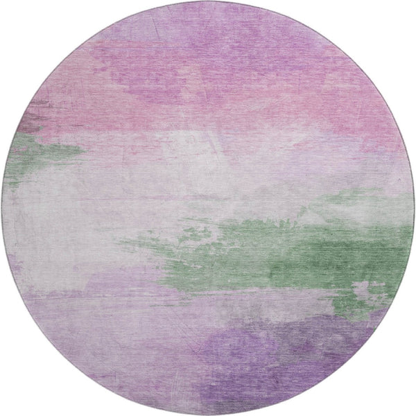HomeRoots 8' X 8' Washable Lilac Green & Pink Abstract Round Rug with UV Protection - Kid & Pet Friendly! 694173