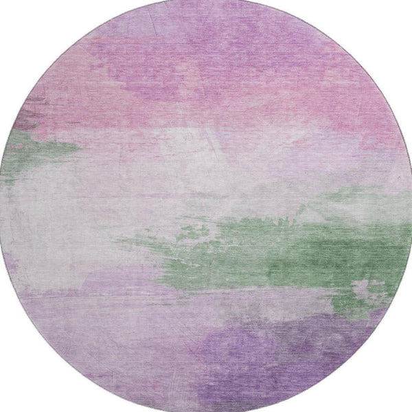 HomeRoots 8' X 8' Washable Lilac Green & Pink Abstract Round Rug with UV Protection - Kid & Pet Friendly! 694173