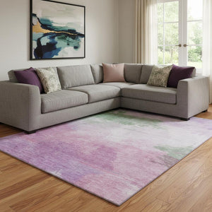 HomeRoots 8' Modern Abstract Area Rug in Lilac, Green & Pink - Washable, UV-Protected & Non-Slip Design! 694174