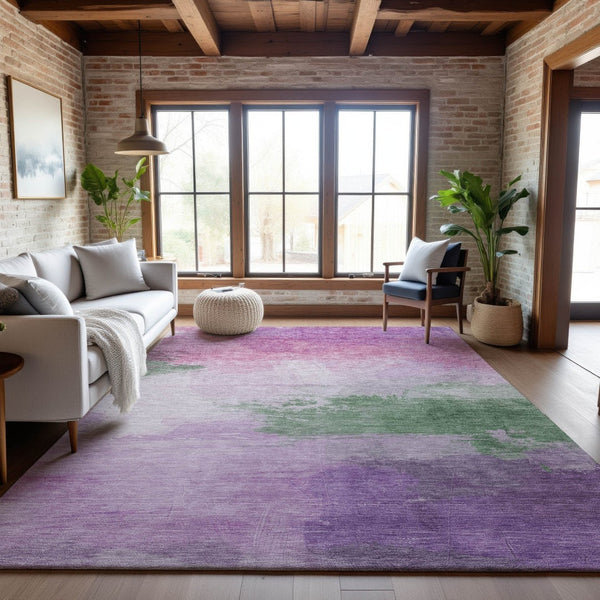 HomeRoots 9' X 12' Lilac Green & Pink Modern Abstract Washable Area Rug with UV Protection & Stain Resistance 694175