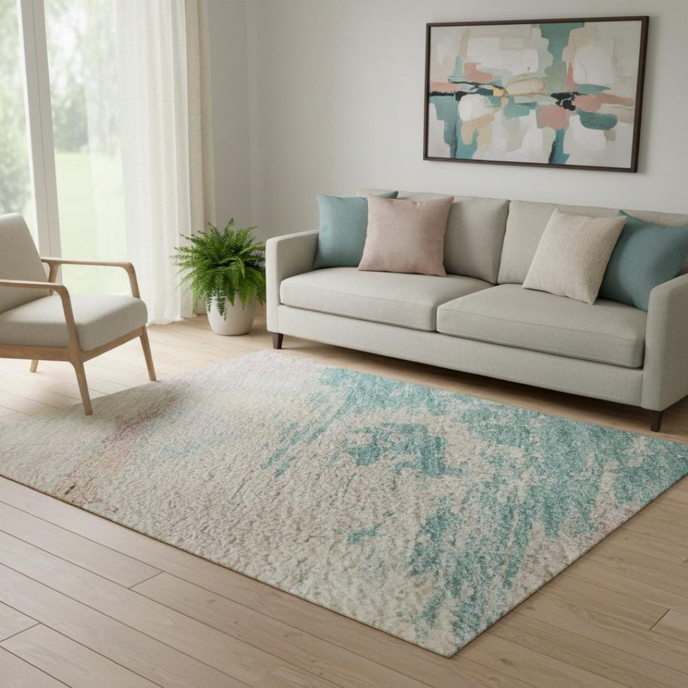 HomeRoots 5' X 8' Abstract Washable Area Rug in Pink, Gold & Teal – Stain Resistant, UV Protected & Non-Slip! 694178