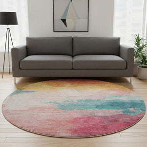 HomeRoots 8' X 8' Vibrant Pink Gold Teal Abstract Washable Round Rug with UV Protection for Any Space 694179