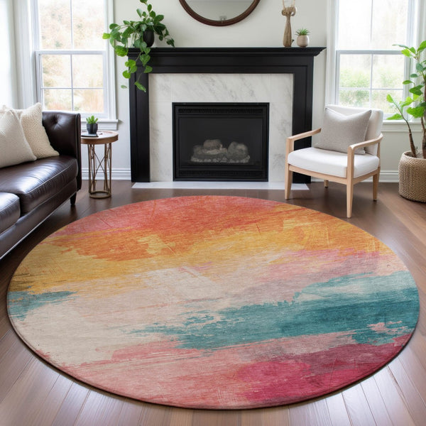 HomeRoots 8' X 8' Vibrant Pink Gold Teal Abstract Washable Round Rug with UV Protection for Any Space 694179