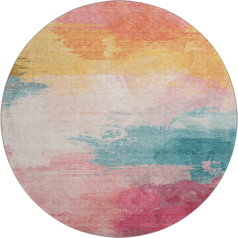 HomeRoots 8' X 8' Vibrant Pink Gold Teal Abstract Washable Round Rug with UV Protection for Any Space 694179