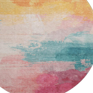 HomeRoots 8' X 8' Vibrant Pink Gold Teal Abstract Washable Round Rug with UV Protection for Any Space 694179