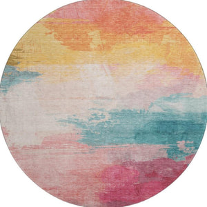HomeRoots 8' X 8' Vibrant Pink Gold Teal Abstract Washable Round Rug with UV Protection for Any Space 694179