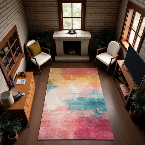 HomeRoots 8' Stunning Pink Gold Teal Abstract Washable Area Rug - Durable, UV Protected & Kid-Friendly Decor 694180