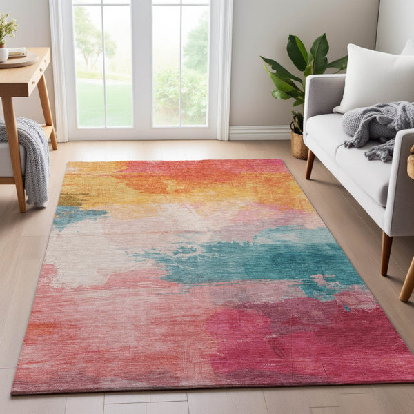 HomeRoots 8' Stunning Pink Gold Teal Abstract Washable Area Rug - Durable, UV Protected & Kid-Friendly Decor 694180