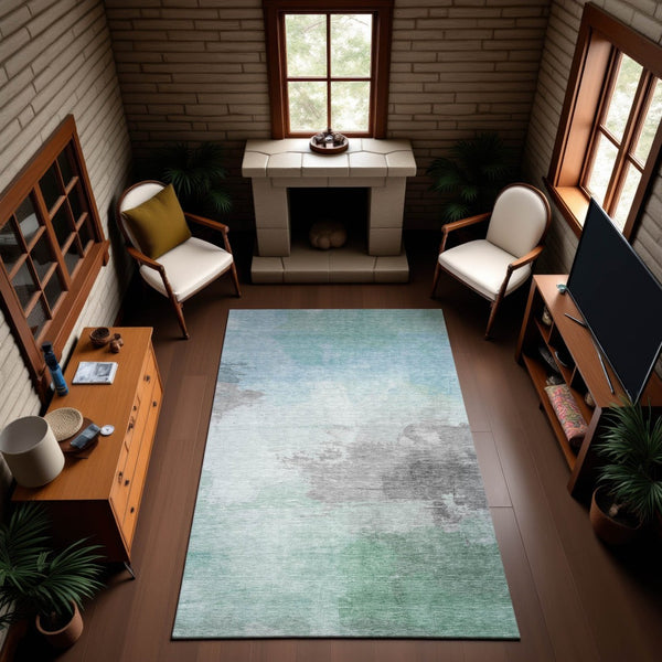 HomeRoots 5' X 8' Pale Aqua Gray and Silver Abstract Rug - Washable, UV-Protected, Perfect for Homes with Kids & Pets 694184