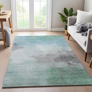 HomeRoots 5' X 8' Pale Aqua Gray and Silver Abstract Rug - Washable, UV-Protected, Perfect for Homes with Kids & Pets 694184