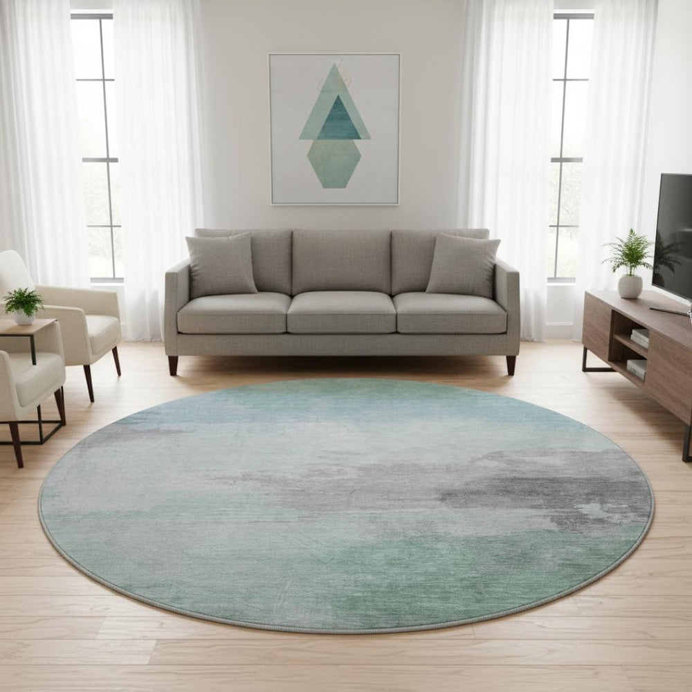 HomeRoots 8' Round Washable Pale Aqua Gray & Silver Abstract Rug – Durable, UV-Protected, Pet-Friendly Decor 694185
