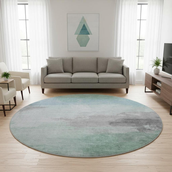 HomeRoots 8' Round Washable Pale Aqua Gray & Silver Abstract Rug – Durable, UV-Protected, Pet-Friendly Decor 694185