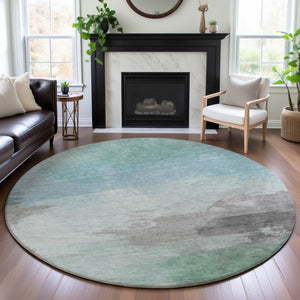 HomeRoots 8' Round Washable Pale Aqua Gray & Silver Abstract Rug – Durable, UV-Protected, Pet-Friendly Decor 694185