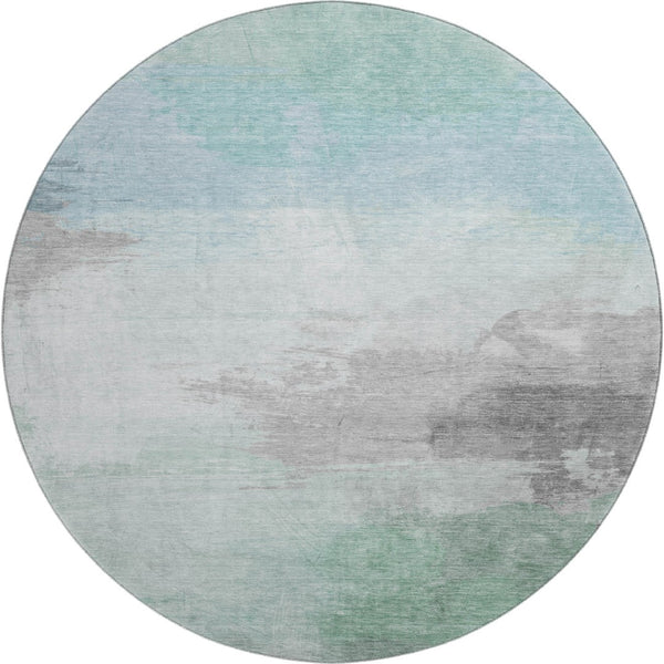 HomeRoots 8' Round Washable Pale Aqua Gray & Silver Abstract Rug – Durable, UV-Protected, Pet-Friendly Decor 694185