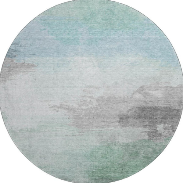 HomeRoots 8' Round Washable Pale Aqua Gray & Silver Abstract Rug – Durable, UV-Protected, Pet-Friendly Decor 694185