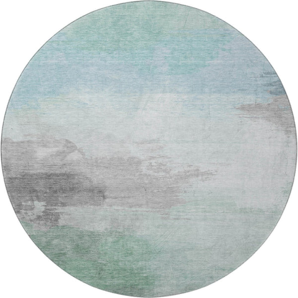 HomeRoots 8' Round Washable Pale Aqua Gray & Silver Abstract Rug – Durable, UV-Protected, Pet-Friendly Decor 694185