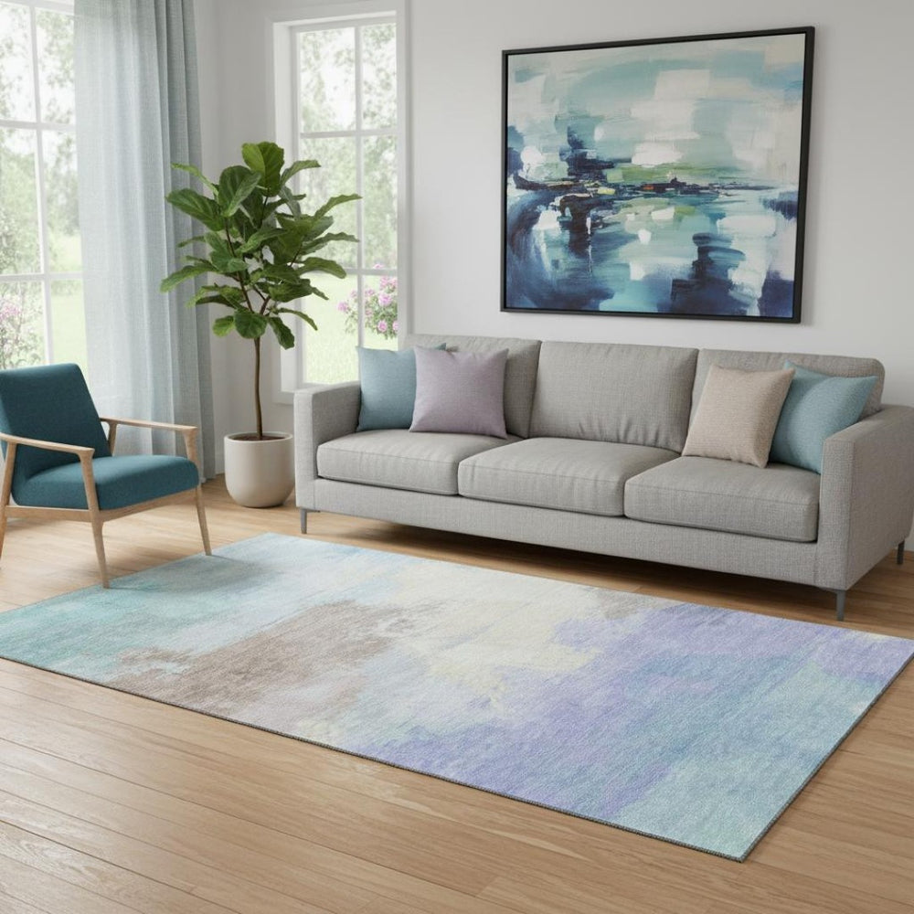 HomeRoots 5' X 8' Stylish Abstract Area Rug in Sky Blue, Lavender & Beige – Washable, UV Protected, Non-Slip! 694190