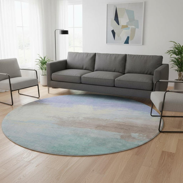 HomeRoots 8' X 8' Abstract Round Rug in Sky Blue, Lavender & Beige – Washable, UV-Protected, Family-Friendly Decor 694191
