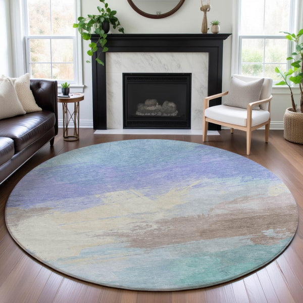 HomeRoots 8' X 8' Abstract Round Rug in Sky Blue, Lavender & Beige – Washable, UV-Protected, Family-Friendly Decor 694191