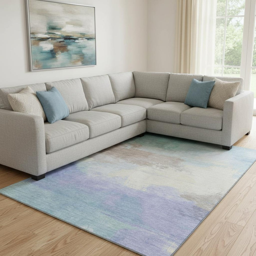 HomeRoots 8' Sky Blue Lavender Beige Abstract Area Rug - Washable, Stain Resistant, UV Protected for Busy Homes 694192