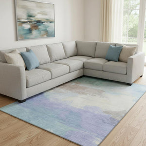 HomeRoots 8' Sky Blue Lavender Beige Abstract Area Rug - Washable, Stain Resistant, UV Protected for Busy Homes 694192