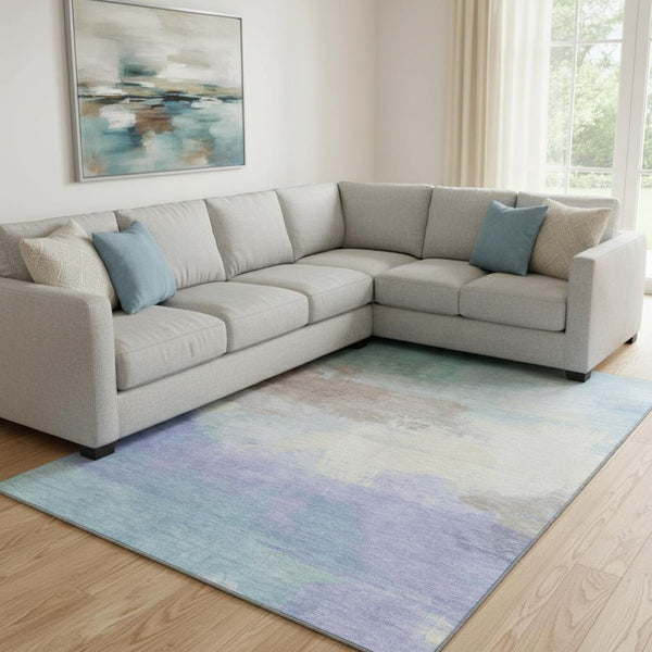 HomeRoots 8' Sky Blue Lavender Beige Abstract Area Rug - Washable, Stain Resistant, UV Protected for Busy Homes 694192
