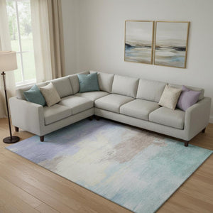 HomeRoots 9' X 12' Sky Blue Lavender Beige Abstract Rug - Washable, UV Resistant, Non-Slip for Easy Care 694193