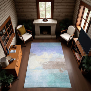 HomeRoots 9' X 12' Sky Blue Lavender Beige Abstract Rug - Washable, UV Resistant, Non-Slip for Easy Care 694193