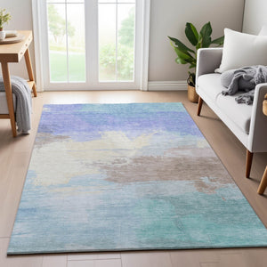 HomeRoots 9' X 12' Sky Blue Lavender Beige Abstract Rug - Washable, UV Resistant, Non-Slip for Easy Care 694193