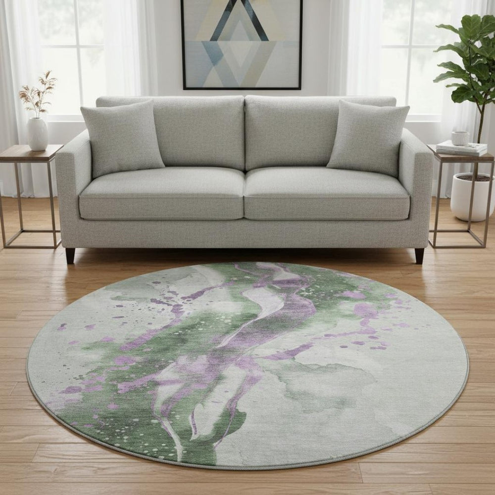 HomeRoots 8' X 8' Artichoke Green Abstract Washable Round Rug with UV Protection for Indoor & Outdoor Use 694197