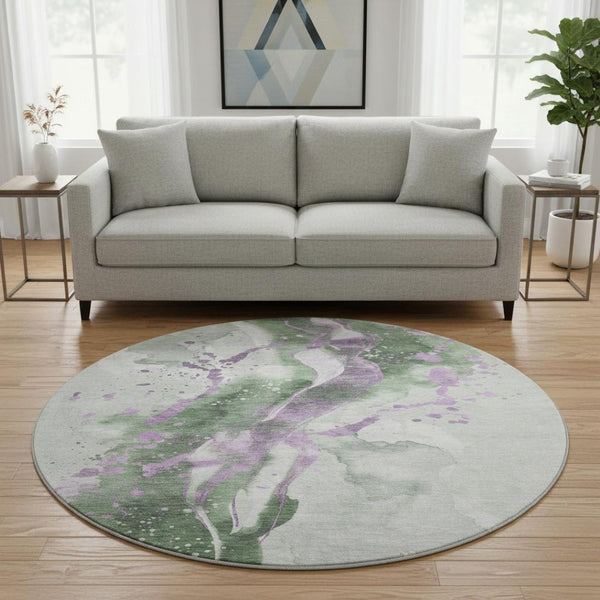 HomeRoots 8' X 8' Artichoke Green Abstract Washable Round Rug with UV Protection for Indoor & Outdoor Use 694197
