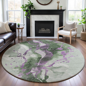 HomeRoots 8' X 8' Artichoke Green Abstract Washable Round Rug with UV Protection for Indoor & Outdoor Use 694197