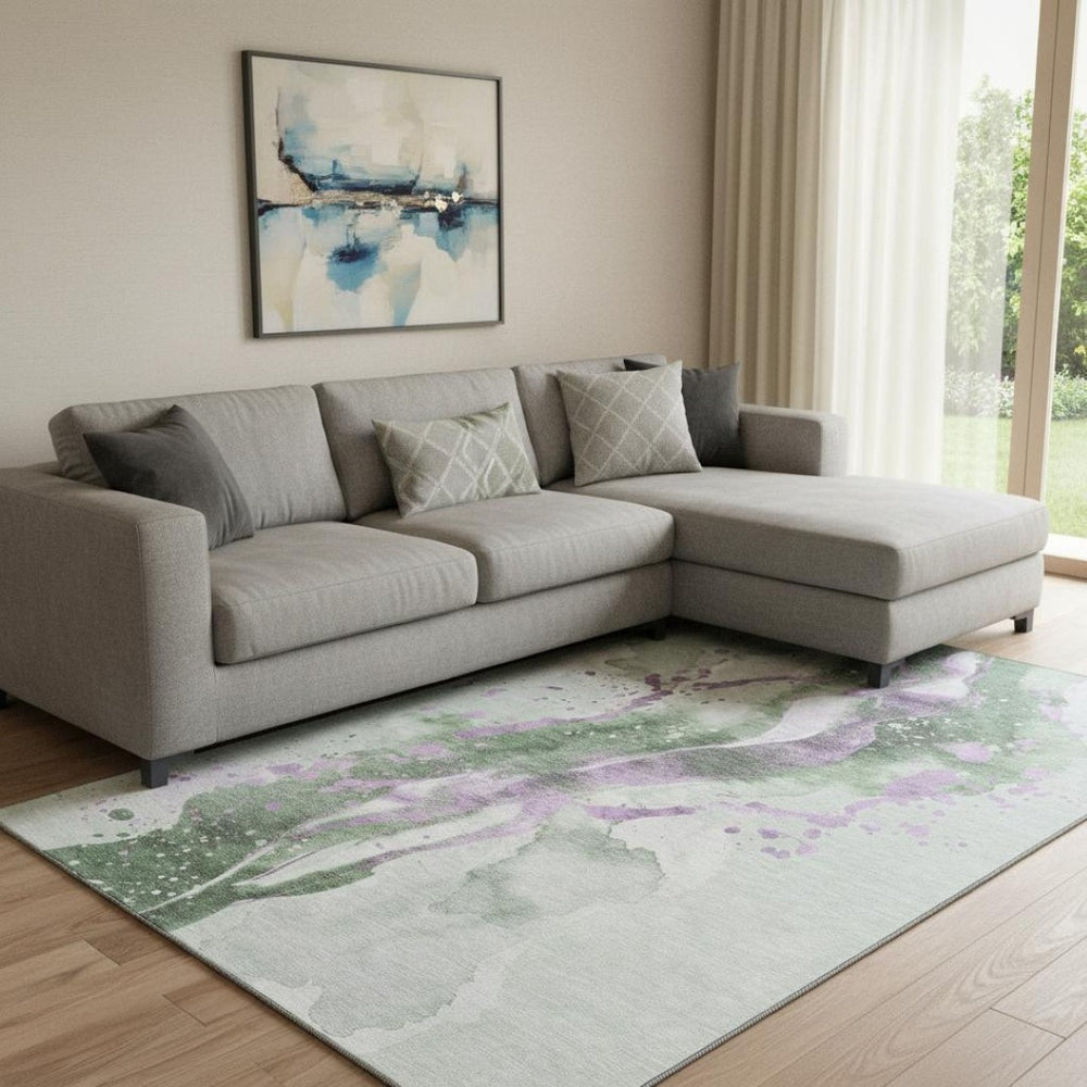 HomeRoots 8' Modern Abstract Area Rug in Artichoke Green, Lavender & Ivory - Washable, Durable & UV Protected 694198