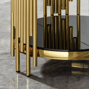 English Elm Luxury Two Tier Round Side Table Black Tempered Glass Gold Steel Wave Frame Glam W2723P252342