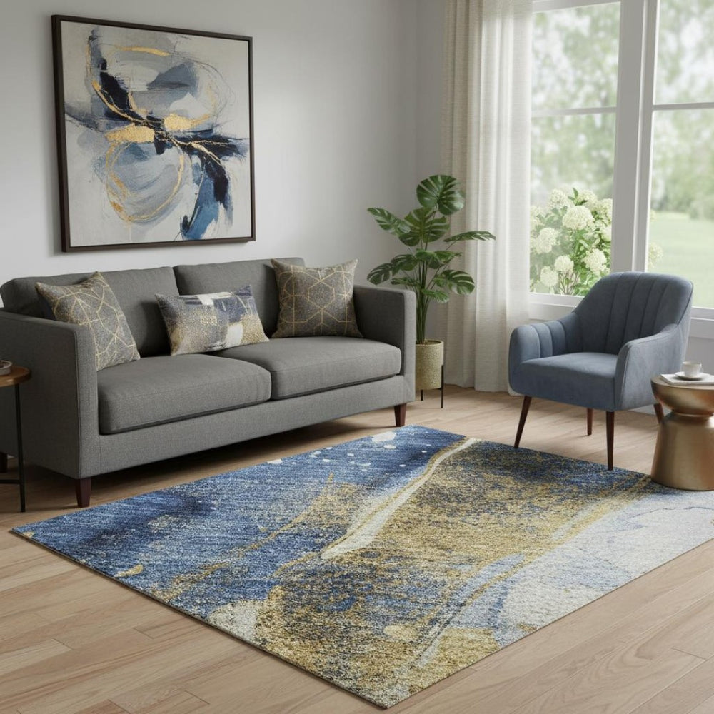 HomeRoots 5' X 8' Stylish Blue Gold Ivory Abstract Washable Area Rug - Durable, Pet-Friendly, UV Protected! 694202