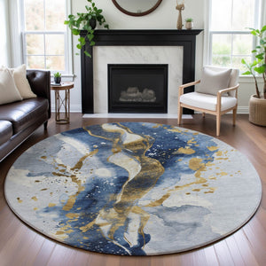 HomeRoots 8' Round Washable Rug in Blue, Gold & Ivory – Stain Resistant, UV Protected, Perfect for Any Space! 694203