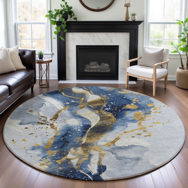 HomeRoots 8' Round Washable Rug in Blue, Gold & Ivory – Stain Resistant, UV Protected, Perfect for Any Space! 694203