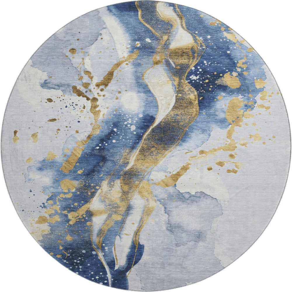HomeRoots 8' Round Washable Rug in Blue, Gold & Ivory – Stain Resistant, UV Protected, Perfect for Any Space! 694203