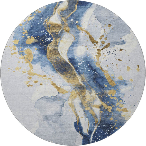 HomeRoots 8' Round Washable Rug in Blue, Gold & Ivory – Stain Resistant, UV Protected, Perfect for Any Space! 694203