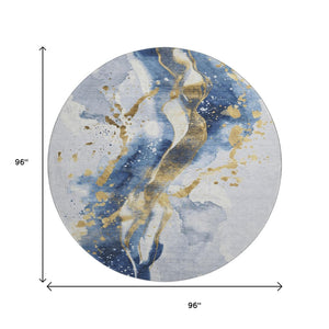 HomeRoots 8' Round Washable Rug in Blue, Gold & Ivory – Stain Resistant, UV Protected, Perfect for Any Space! 694203