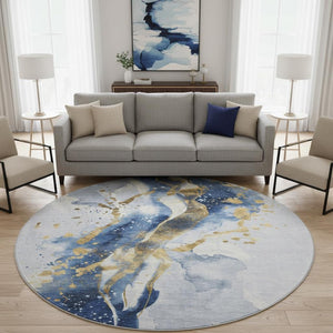 HomeRoots 8' Round Washable Rug in Blue, Gold & Ivory – Stain Resistant, UV Protected, Perfect for Any Space! 694203