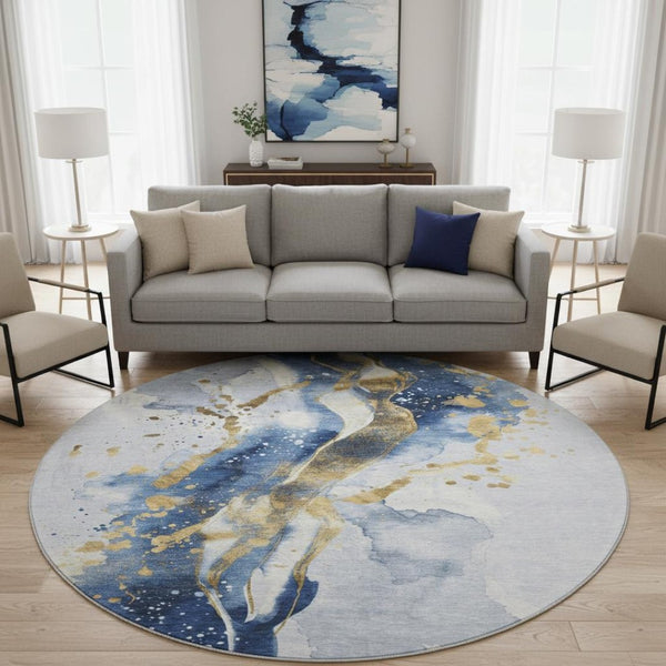 HomeRoots 8' Round Washable Rug in Blue, Gold & Ivory – Stain Resistant, UV Protected, Perfect for Any Space! 694203