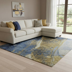 HomeRoots 8' Washable Blue Gold & Ivory Abstract Area Rug - UV Protected, Stain Resistant, Non-Slip Backing 694204