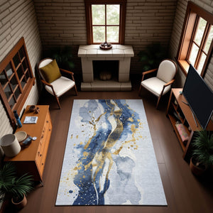 HomeRoots 9' X 12' Blue Gold Ivory Abstract Area Rug - Washable, UV Protected, Stain Resistant, Modern Design 694205