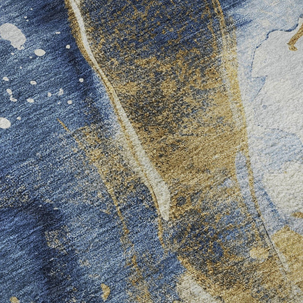 HomeRoots 9' X 12' Blue Gold Ivory Abstract Area Rug - Washable, UV Protected, Stain Resistant, Modern Design 694205