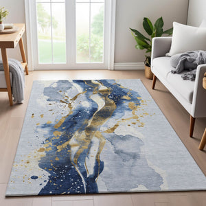HomeRoots 9' X 12' Blue Gold Ivory Abstract Area Rug - Washable, UV Protected, Stain Resistant, Modern Design 694205