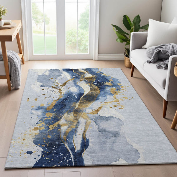HomeRoots 9' X 12' Blue Gold Ivory Abstract Area Rug - Washable, UV Protected, Stain Resistant, Modern Design 694205