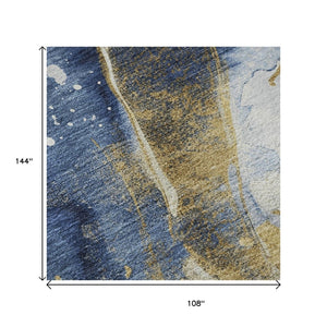 HomeRoots 9' X 12' Blue Gold Ivory Abstract Area Rug - Washable, UV Protected, Stain Resistant, Modern Design 694205
