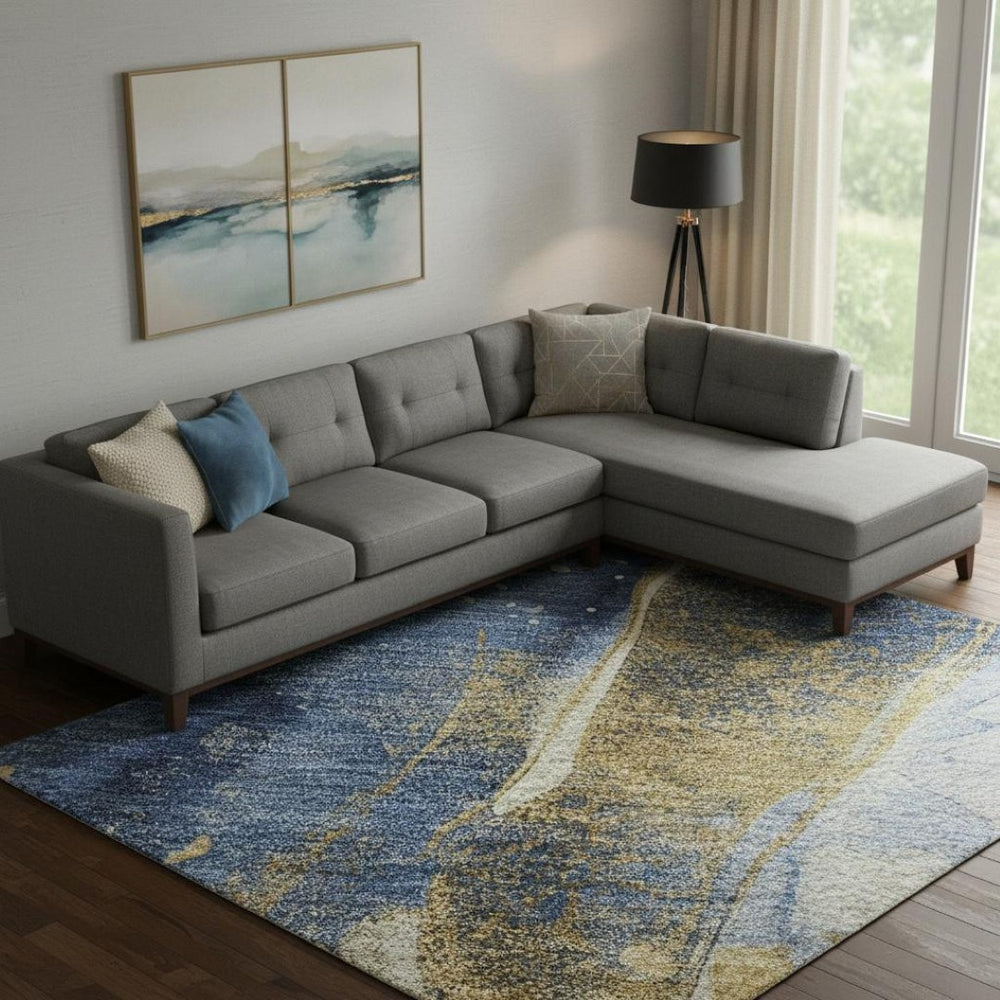 HomeRoots 10' Blue, Gold & Ivory Abstract Washable Area Rug - UV Protected, Durable, Stain-Resistant Comfort! 694206